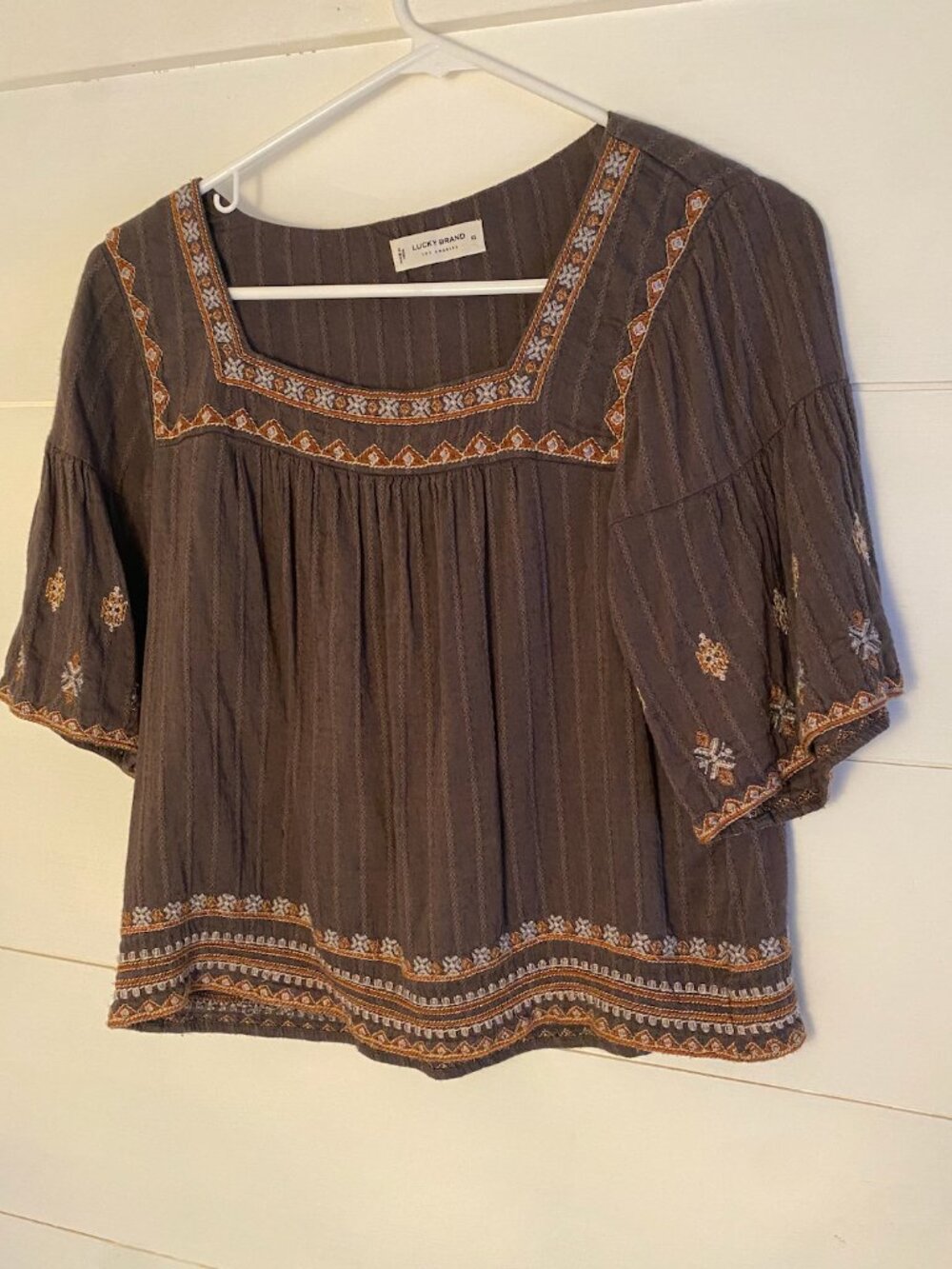 Lucky Brand Bohemian Embroidered Square Neck Brown Top